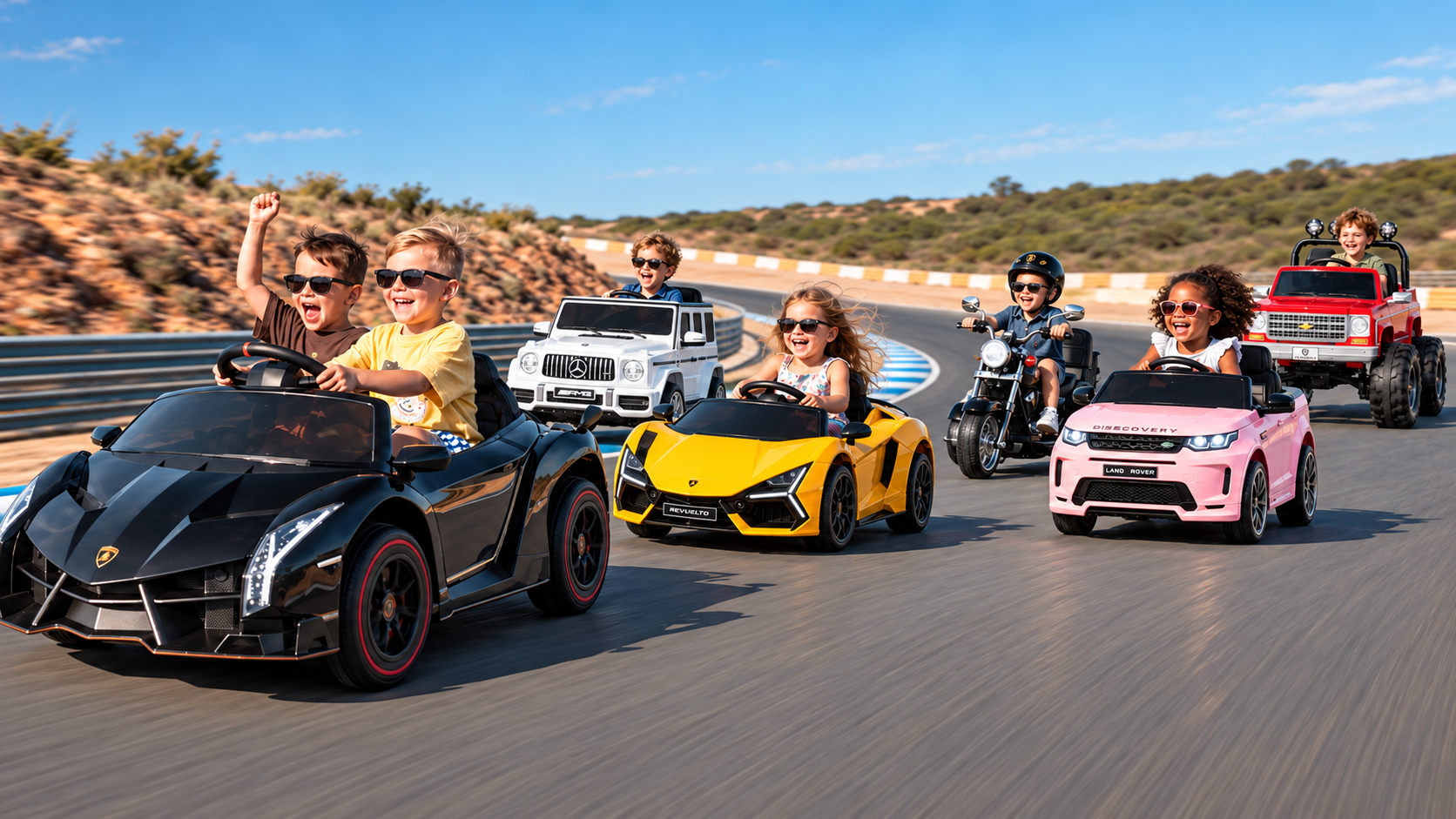 Children enjoying colorful electric ride-on vehicles on a winding racetrack