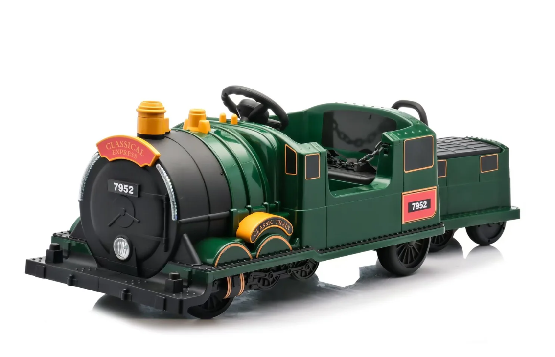 Green locomotive-style ride-on train with gold accents