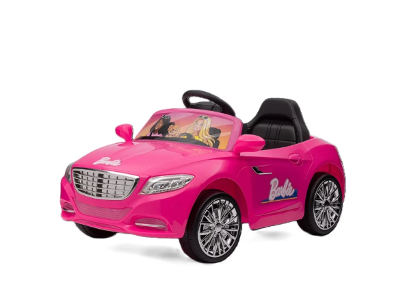 Pink Barbie convertible ride-on car with a black seat