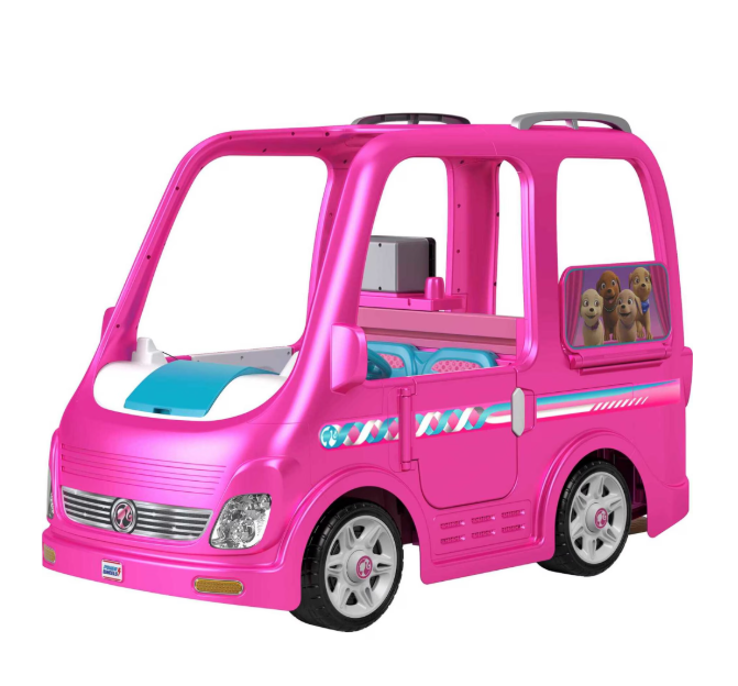 Pink camper truck ride-on with turquoise accents